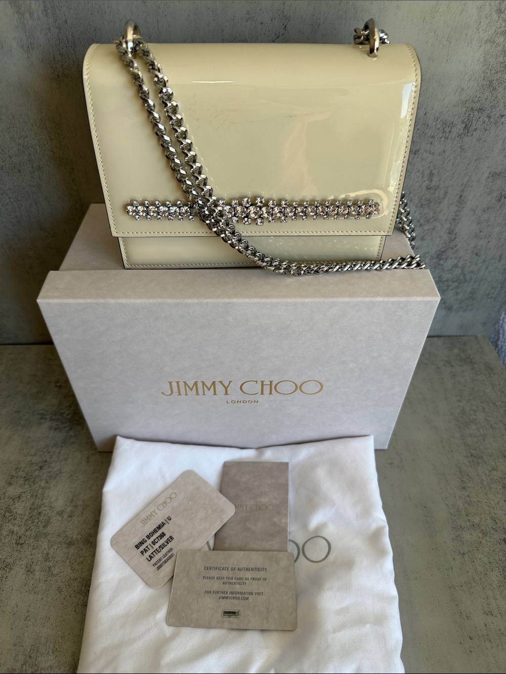 Jimmy Choo Cream Patent Shoulder Bag with Silver Chain and Crystal Accent